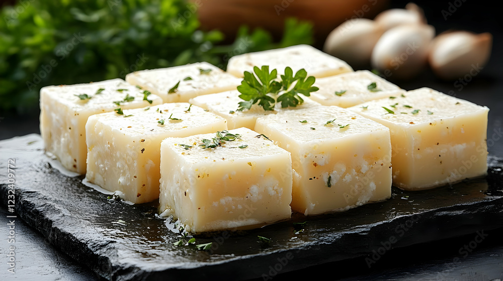 Fresh Cheese Cubes Garnished with Parsley and Spices on a Slate Board with Blurry Background. Fresh Cheese Cubes Garnished with Parsley and Spices on a Slate Board with Blurry Background.