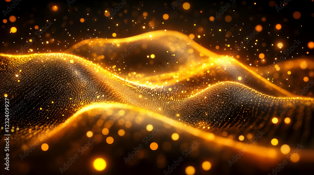Abstract Golden Particles Flowing on Dark Background with Bokeh Effect, Perfect for Luxury and Glamour Abstract Golden Particles Flowing on Dark Background with Bokeh Effect, Perfect for Luxury and Glamour