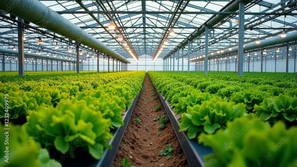 A row of plants in a greenhouse. The plants are green and are growing in a dirt bed A row of plants in a greenhouse. The plants are green and are growing in a dirt bed
