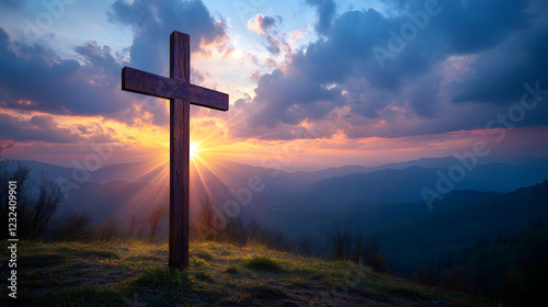 A cross is lit up in the sky above a mountain. The sun is setting, casting a warm glow over the scene. Concept of peace and spirituality, as the cross is a symbol of faith