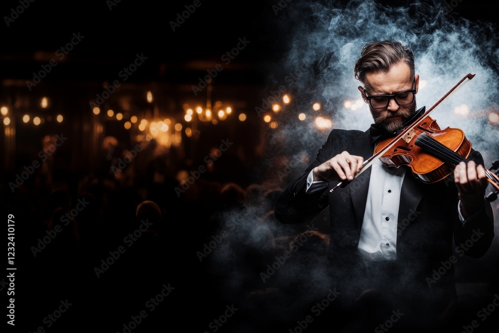 Fototapeta premium A violinist passionately playing on a grand stage, illuminated by a spotlight while the audience fades into darkness