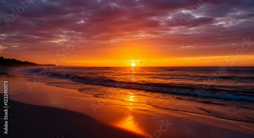 Stunning Hyper-Realistic Sunset Over Ocean with Vibrant Orange and Purple Sky