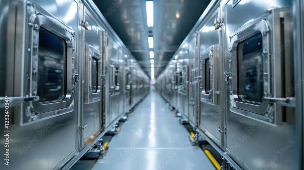 A sleek, metallic hallway lined with pet cages showcases an advanced veterinary facility, emphasizing hygiene and care for animal well-being. A sleek, metallic hallway lined with pet cages showcases an advanced veterinary facility, emphasizing hygiene and care for animal well-being.