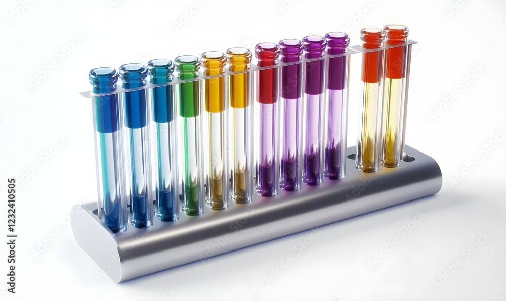 Colorful test tubes in rack, lab experiment, science, white background, research Colorful test tubes in rack, lab experiment, science, white background, research