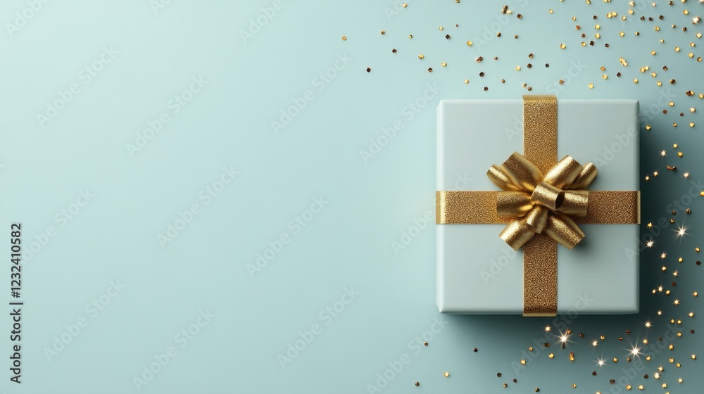 Minimalist Christmas gift composition with a single elegant box, a golden bow, and a sparkling backdrop. Minimalist Christmas gift composition with a single elegant box, a golden bow, and a sparkling backdrop.