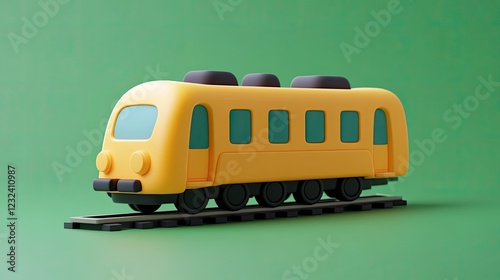 A yellow toy train on tracks against a green background.