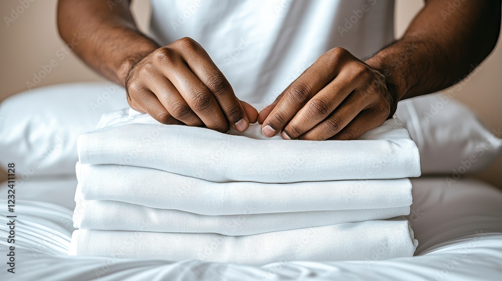 Obraz premium Person Neatly Folding Fresh White Towels on a Bed with Crisp White Bedding in a Serene Indoor Environment