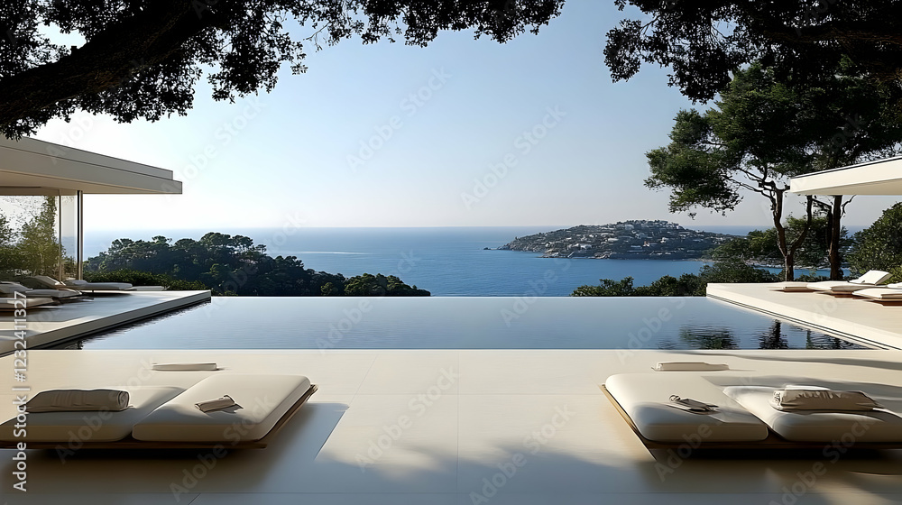 Fototapeta premium Infinity Pool Overlooks Tranquil Ocean and Lush Island with Modern Architecture and Patio Loungers.