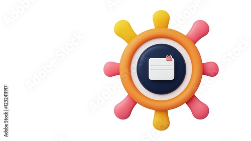 A colorful, circular toy resembling a ship's wheel, featuring a central label area for notes or names, designed for playful and educational purposes.