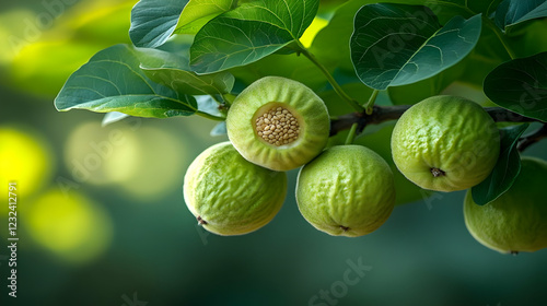 Green fruits grow on a bran...