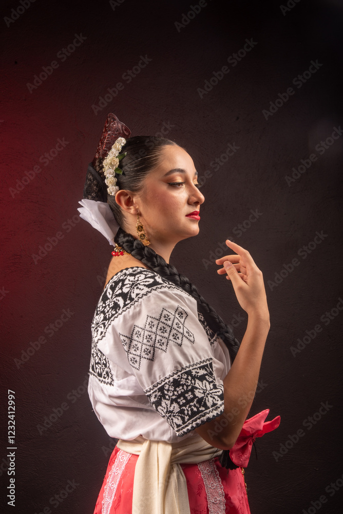Fototapeta premium A woman wearing a white dress with black