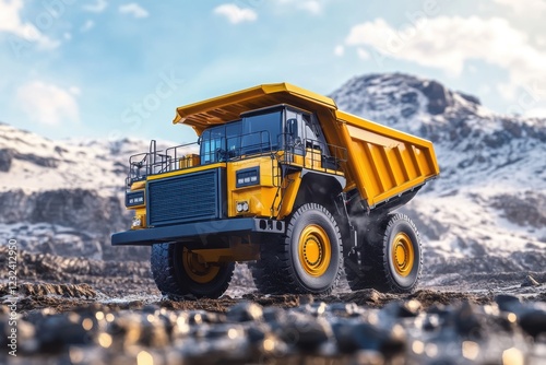 Heavy duty dump truck operates in mountainous terrain under a bright sky