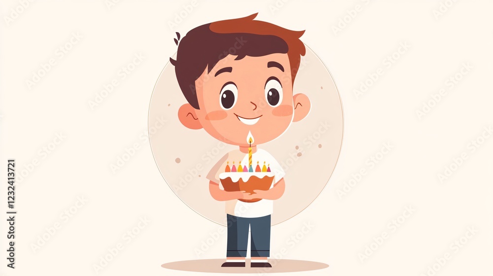 Cheerful Boy Blowing Out Birthday Candle Flat Vector Illustration Cheerful Boy Blowing Out Birthday Candle Flat Vector Illustration