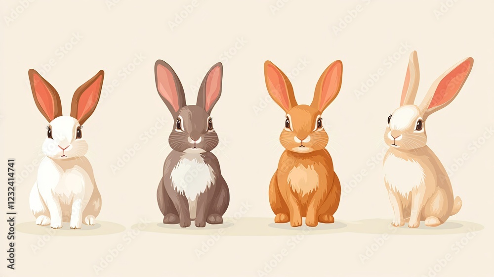 Fototapeta premium Adorable Four Rabbits Flat Vector Illustration for Beauty Concepts