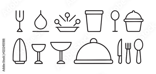 Catering Thin Line Icon Set Cutlery, Tableware, and Restaurant Essentials vector