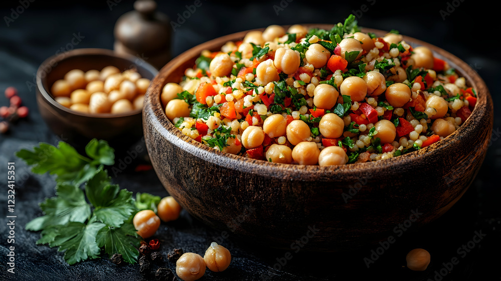 Chickpea Salad with Pearl Couscous, Vegetables, and Herbs in a Rustic Wooden Bowl Chickpea Salad with Pearl Couscous, Vegetables, and Herbs in a Rustic Wooden Bowl