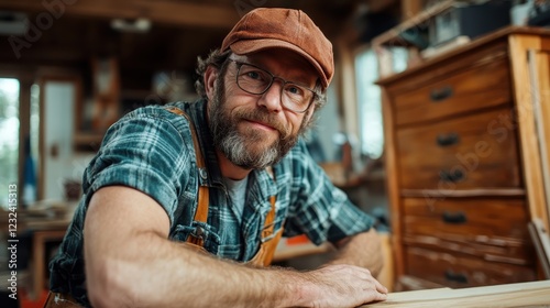 A thoughtful carpenter leans forward in his workshop, displaying both expertise and sincerity while surrounded by tools and wooden materials, representing craftsmanship. photo