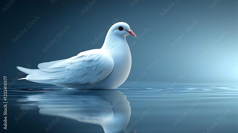 White dove sits peacefully on calm water with a subtle gradient background. White dove sits peacefully on calm water with a subtle gradient background.