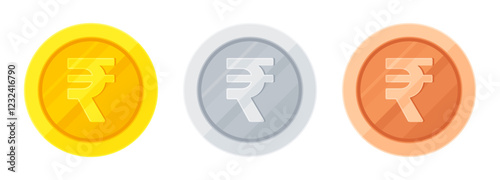 Set of gold, silver and copper coins with Indian rupee sign (₹). Economy, finance, investment, profit, money, INR currency concept. Flat vector illustration isolated on white background	
