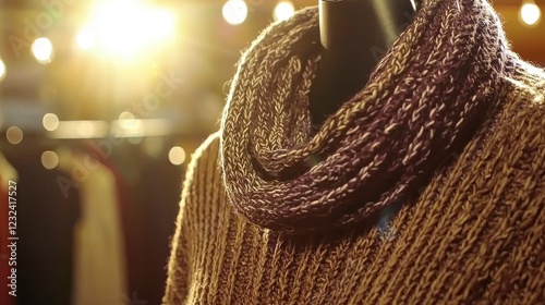 Close-Up of Cozy Knit Sweater with Soft Texture Illuminated by Warm Lights in Fashion Boutique Setting photo