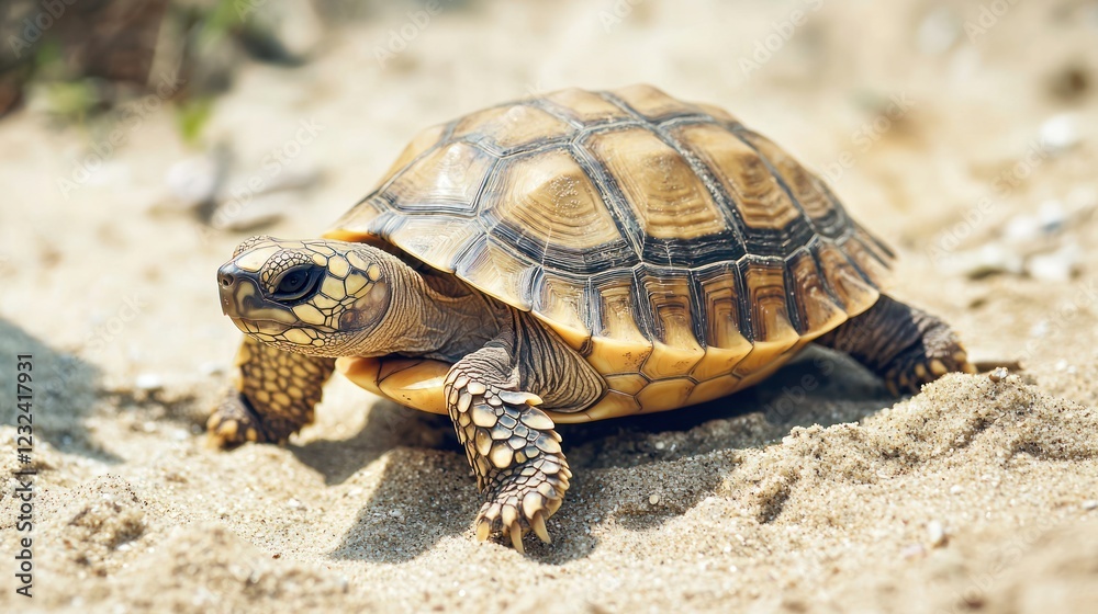 A juvenile turtle crawling on a sandy beach. A juvenile turtle crawling on a sandy beach.