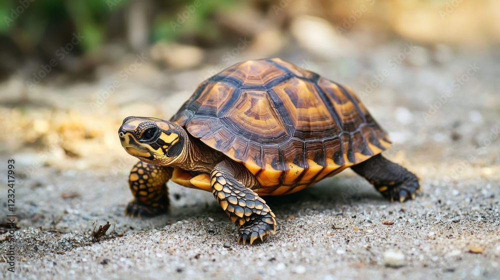 Obraz premium A juvenile turtle crawling on a sandy beach.