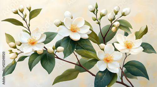 White Flowers Bloom Beautifully on a Branch with Lush Green Leaves on a Soft Beige Background