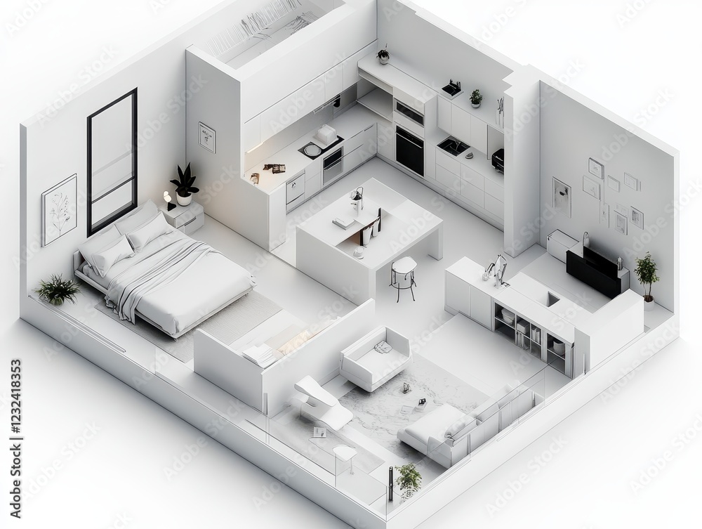 Isometric view of a minimalist white apartment interior, showcasing a bedroom, kitchen, and living area with simple furniture and decor. Clean lines Isometric view of a minimalist white apartment interior, showcasing a bedroom, kitchen, and living area with simple furniture and decor. Clean lines