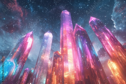 A futuristic cityscape with towering skyscrapers made of crystal and light under a vibrant star-filled sky photo