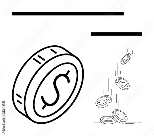 Large dollar coin standing upright, smaller coins tumbling to the ground. Ideal for finance, economy, loss, investment, savings, risk and budgeting concepts. Abstract line flat metaphor