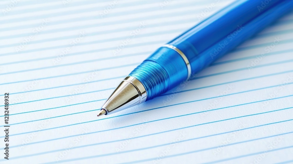 A close-up of a pen writing on a lined journal page. A close-up of a pen writing on a lined journal page.