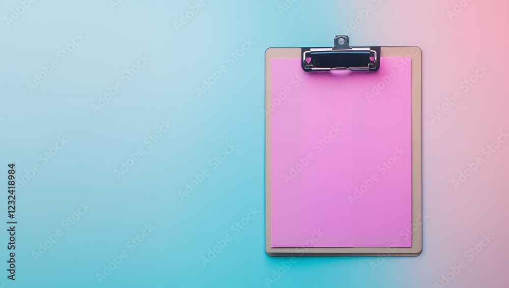 Blank Pink Paper on Clipboard Pastel Blue and Pink Background Minimalist Office Supplies Blank Pink Paper on Clipboard Pastel Blue and Pink Background Minimalist Office Supplies
