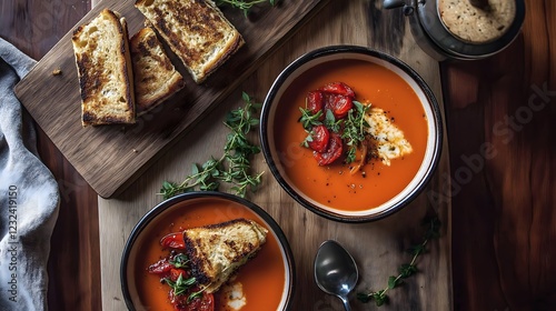 Wallpaper Mural Tomato Soup with Grilled Cheese Croutons:  A tempting and comforting bowl of creamy tomato soup garnished with grilled cheese croutons, fresh herbs, and roasted tomatoes. Torontodigital.ca
