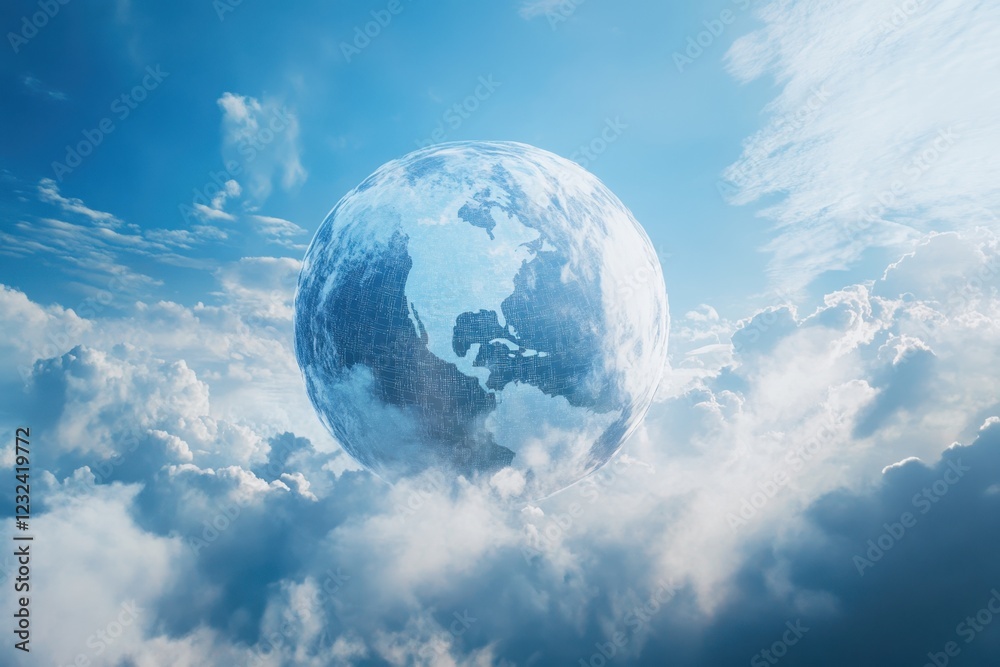 Floating planet in a bright blue sky surrounded by soft white clouds during daytime Floating planet in a bright blue sky surrounded by soft white clouds during daytime
