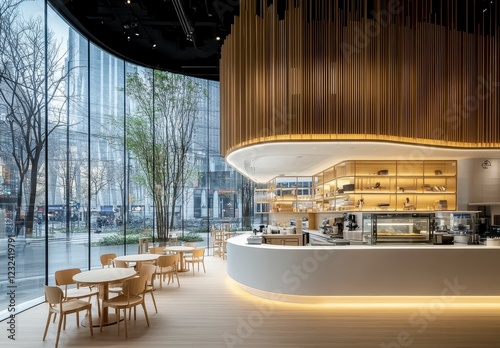 Modern cafe interior with curved wooden wall, white counter, and light wood tables and chairs. Large windows offer a city view. Natural light