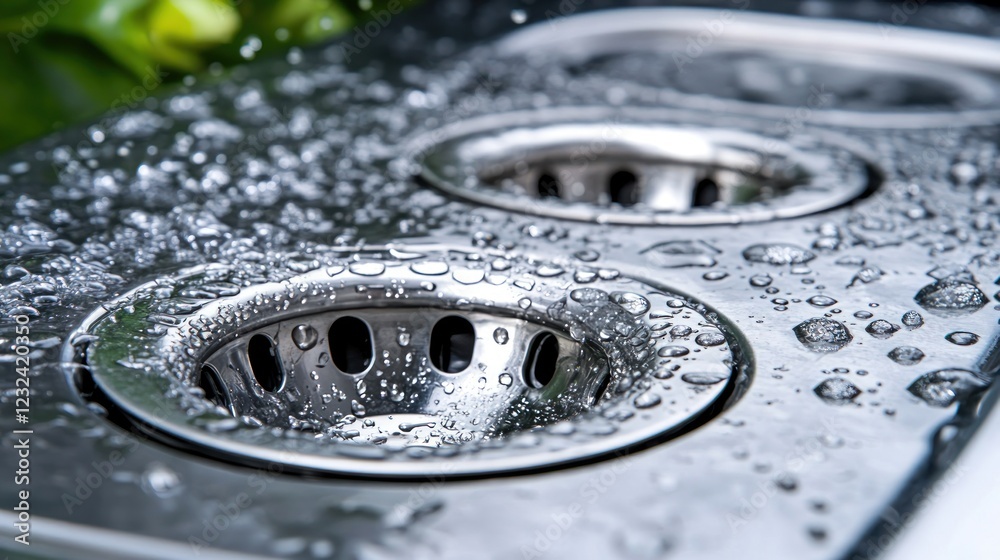 Kitchen sink drains, water splashing, closeup, green background, plumbing