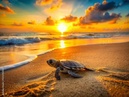 Adorable Atlantic Ridley Sea Turtle Hatchling Crawling on Sandy Beach at Sunset photo