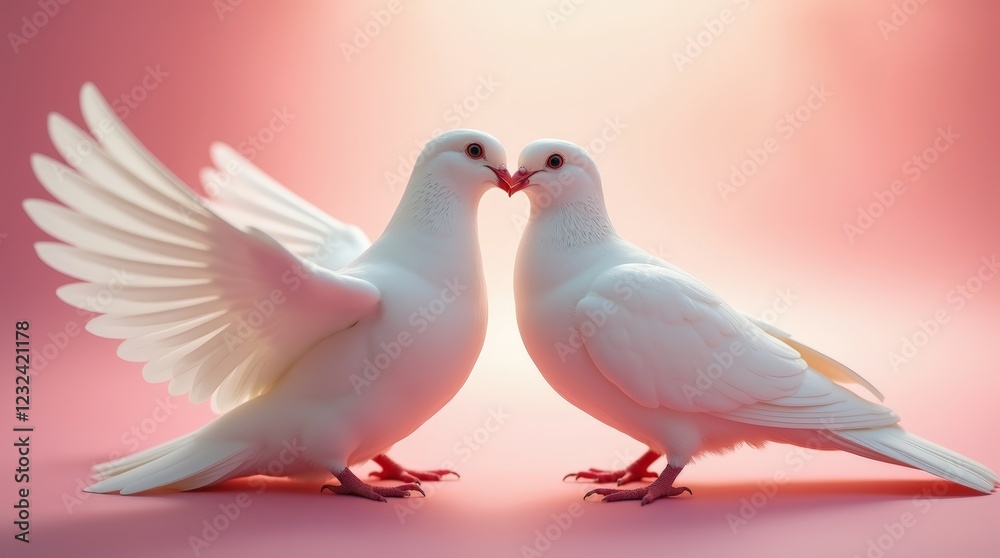 Fototapeta premium Two beautiful white doves kissing on a soft pink background, perfect for Valentine's Day themes. 