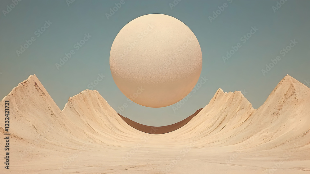 Surreal desert landscape, sphere above dunes, calm sky, background texture, perfect for abstract art