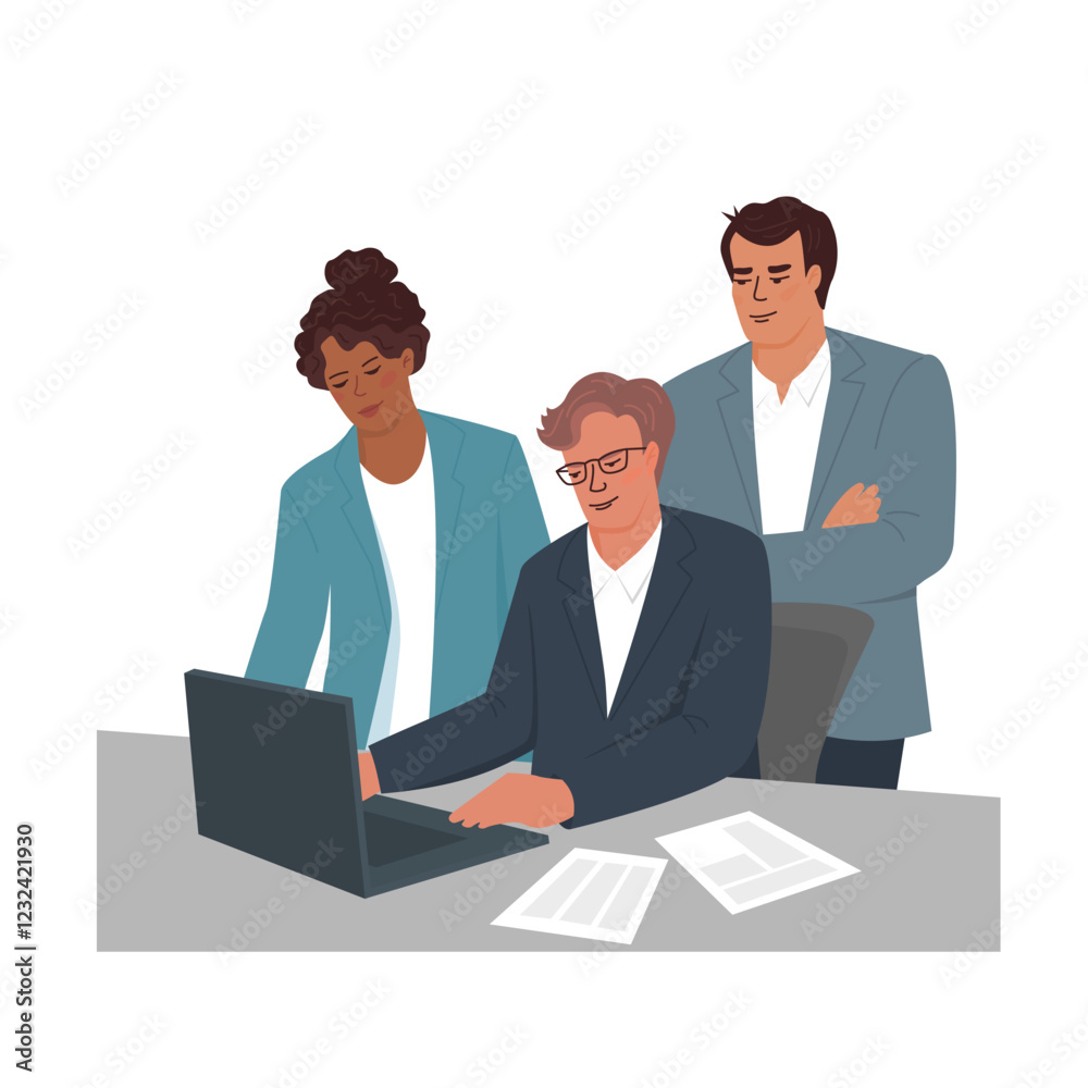 Businessman in glasses is working at a laptop. Businessman and woman are standing and looking at the laptop. Vector color isolated illustration. Businessman in glasses is working at a laptop. Businessman and woman are standing and looking at the laptop. Vector color isolated illustration.