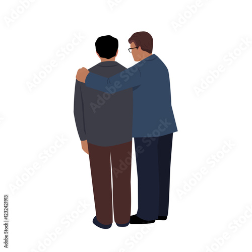 Business man in suit supports colleague. Two adult business men are standing. Back view. Vector color isolated illustration.