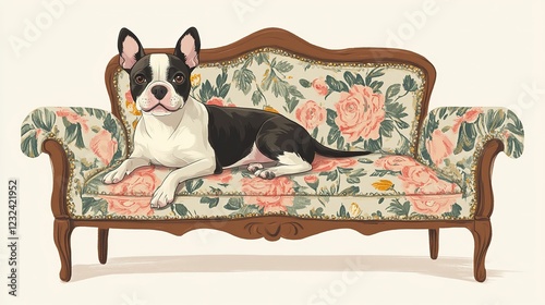 Vintage floral sofa, Boston Terrier dog, antique furniture, pastel colors, detailed illustration, whimsical style, Victorian era, floral pattern upholstery, ornate wooden frame, charming pet portrait,