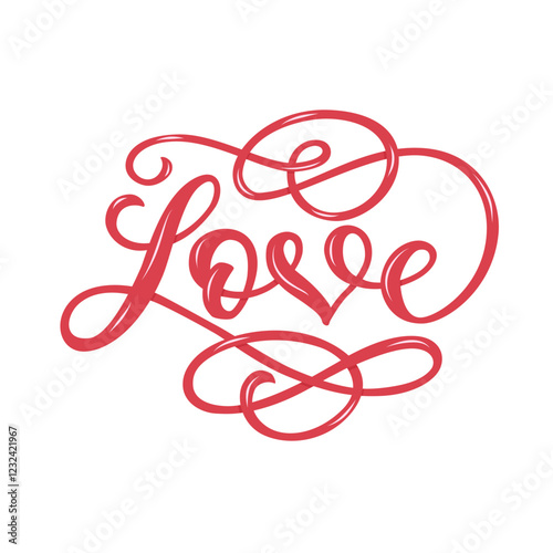 Love vector lettering composition in script hand drawn style with heart and flourish. 3d effect.	