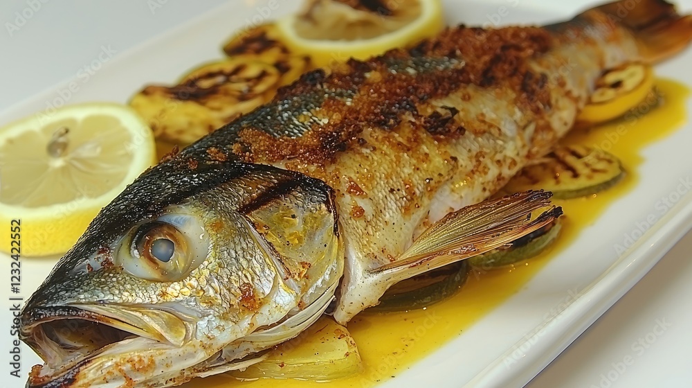 Grilled fish served on a white plate with lemon slices and charred vegetables in the background Grilled fish served on a white plate with lemon slices and charred vegetables in the background