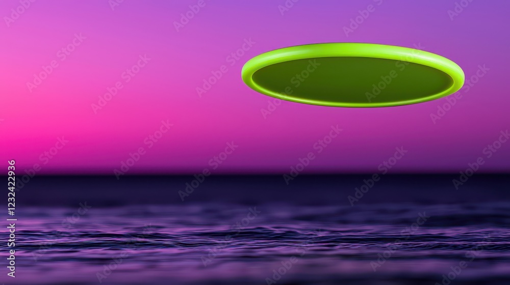 A glowing green frisbee hovers above tranquil water, set against a stunning purple sunset, evoking joy and leisure. A glowing green frisbee hovers above tranquil water, set against a stunning purple sunset, evoking joy and leisure.