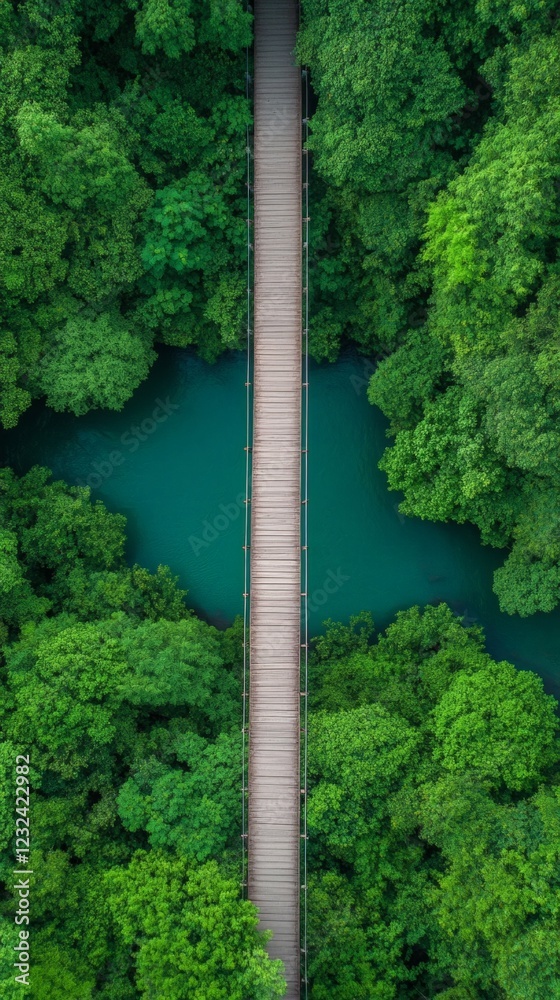 Aerial view of a wooden hanging bridge crossing a turquoise river surrounded by a lush green forest, creating a stunning contrast of colors and textures Aerial view of a wooden hanging bridge crossing a turquoise river surrounded by a lush green forest, creating a stunning contrast of colors and textures
