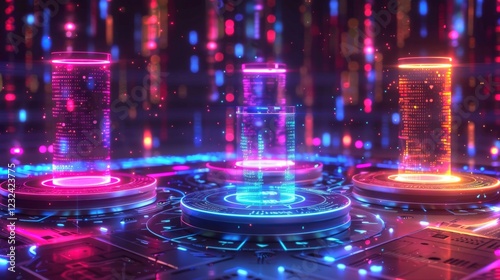 Wallpaper Mural Three illuminated towers with vibrant colors stand on circular platforms in a digital landscape filled with colorful lights, creating a high tech atmosphere. Torontodigital.ca