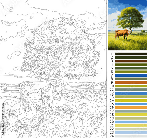 Peaceful Pasture with Lone Cow and Tree - Paint by Numbers