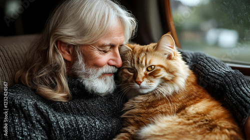 Senior man embraces ginger ...
