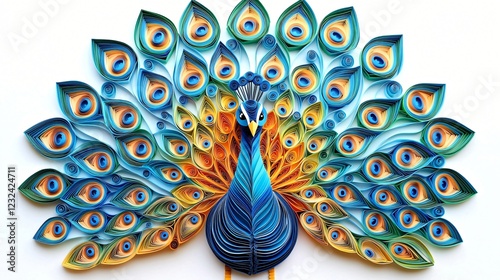 Paper peacock art, vibrant colors, white background, decorative